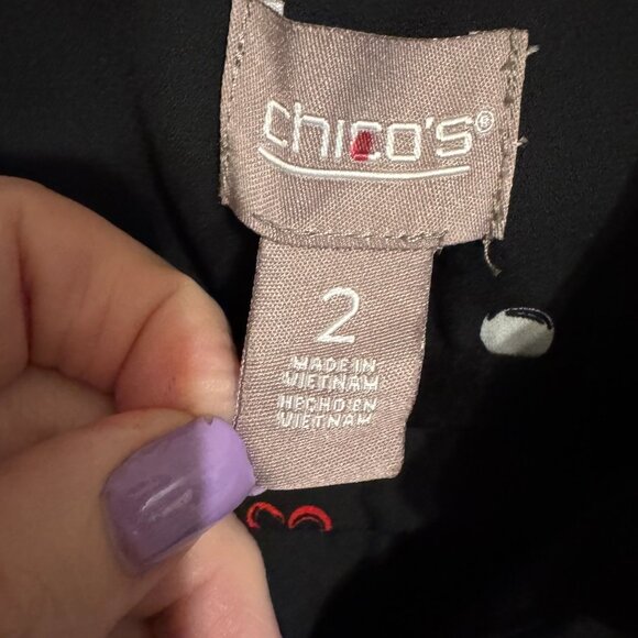 CHICO'S BLACK BLOUSE W/WHITE DOT & RED HEARTS   MEDIUM - Picture 10 of 10